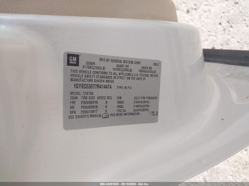 2007 Cadillac Escalade Standard VIN: 1GYEC63877R414474 Lot: 43251830