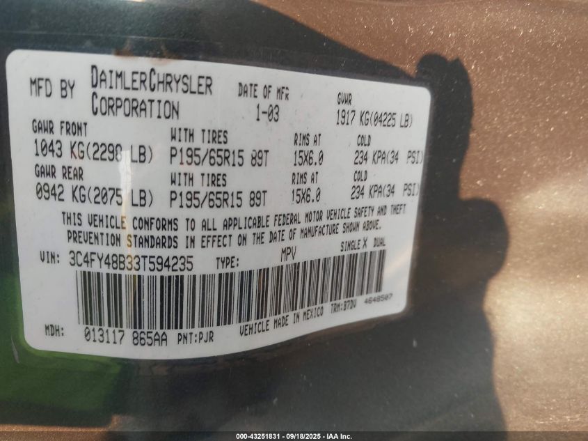 2003 Chrysler Pt Cruiser VIN: 3C4FY48B33T594235 Lot: 43251831