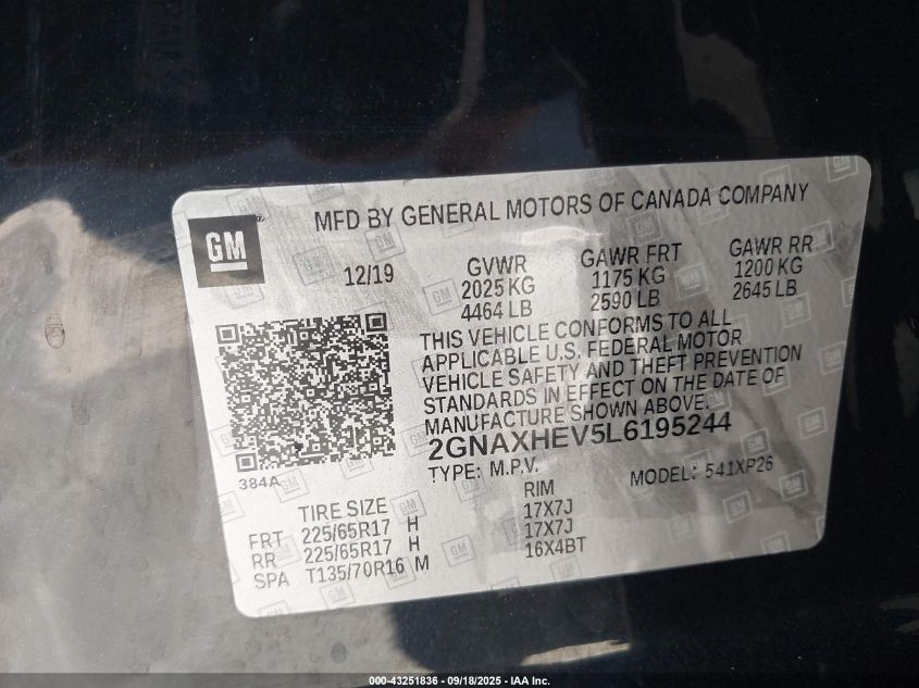 2020 Chevrolet Equinox Fwd Ls VIN: 2GNAXHEV5L6195244 Lot: 43251836