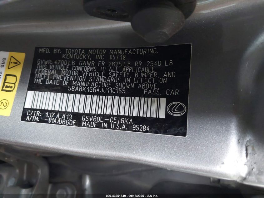 2018 Lexus Es 350 VIN: 58ABK1GG4JU110155 Lot: 43251849