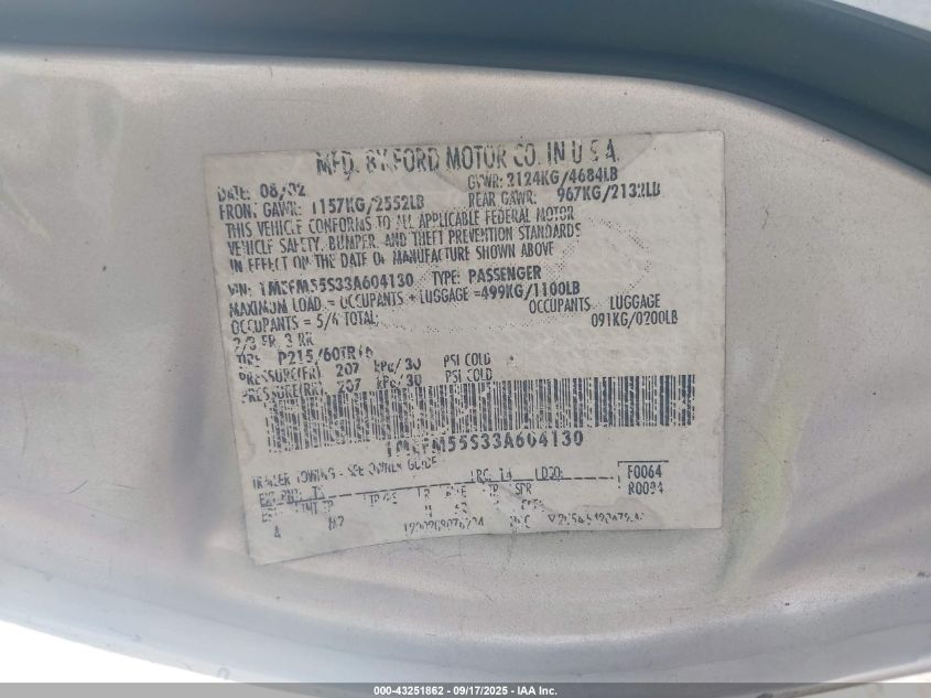 2003 Mercury Sable Ls Premium VIN: 1MEFM55S33A604130 Lot: 43251862