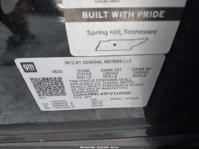 2023 GMC Acadia Fwd Slt VIN: 1GKKNML43PZ116089 Lot: 43251865