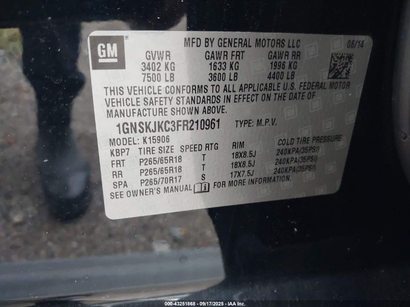 2015 Chevrolet Suburban 1500 Lt VIN: 1GNSKJKC3FR210961 Lot: 43251868