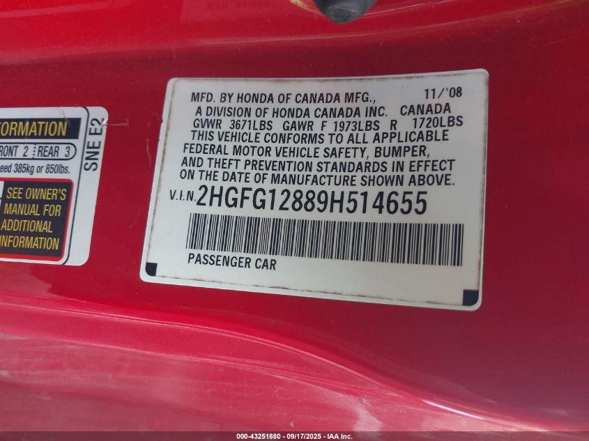 2009 Honda Civic Ex VIN: 2HGFG12889H514655 Lot: 43251880