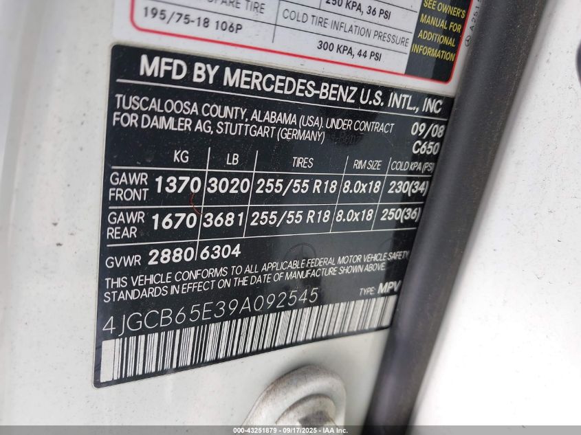 2009 Mercedes-Benz R 350 4Matic VIN: 4JGCB65E39A092545 Lot: 43251879