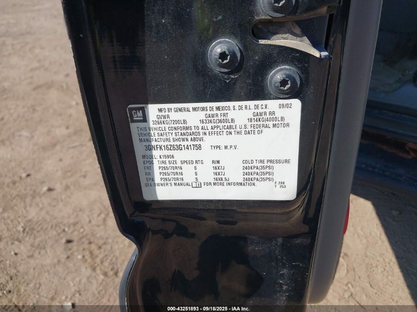 2003 Chevrolet Suburban 1500 Lt VIN: 3GNFK16Z63G141758 Lot: 43251893