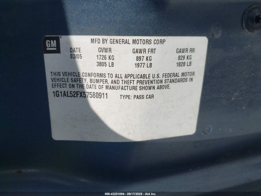 2005 Chevrolet Cobalt Ls VIN: 1G1AL52FX57580911 Lot: 43251894