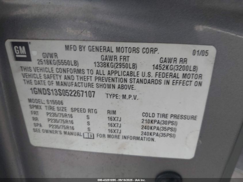 2005 Chevrolet Trailblazer Ls VIN: 1GNDS13S052267107 Lot: 43251895