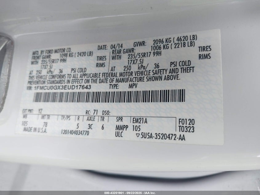 2014 FORD ESCAPE SE 1FMCU0GX3EUD17643