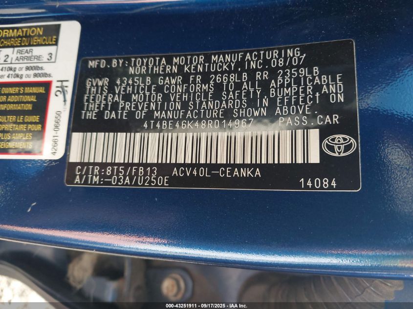 2008 Toyota Camry Le VIN: 4T4BE46K48R014967 Lot: 43251911