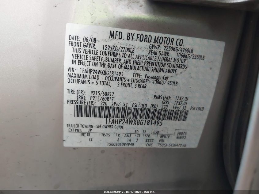 2008 Ford Taurus Sel VIN: 1FAHP24WX8G181495 Lot: 43251912