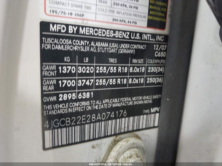 2008 Mercedes-Benz R 320 Cdi 4Matic VIN: 4JGCB22E28A074176 Lot: 43251914