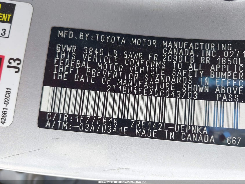 2T1BU4EEXDC043703 2013 TOYOTA COROLLA photo no. 9
