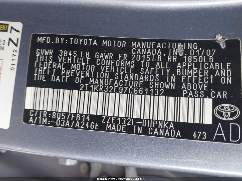 2007 Toyota Matrix Xr VIN: 2T1KR32E97C661132 Lot: 43251921