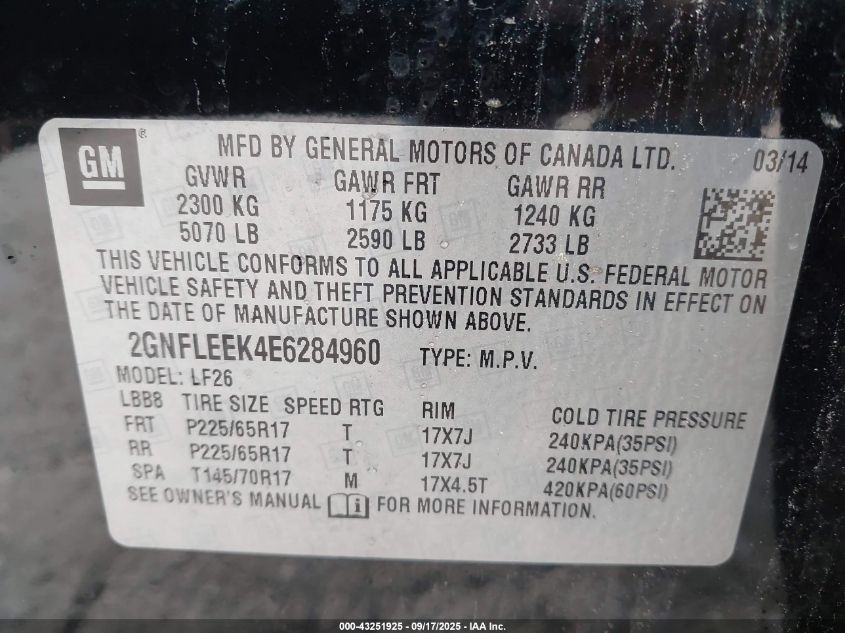 2014 Chevrolet Equinox Ls VIN: 2GNFLEEK4E6284960 Lot: 43251925