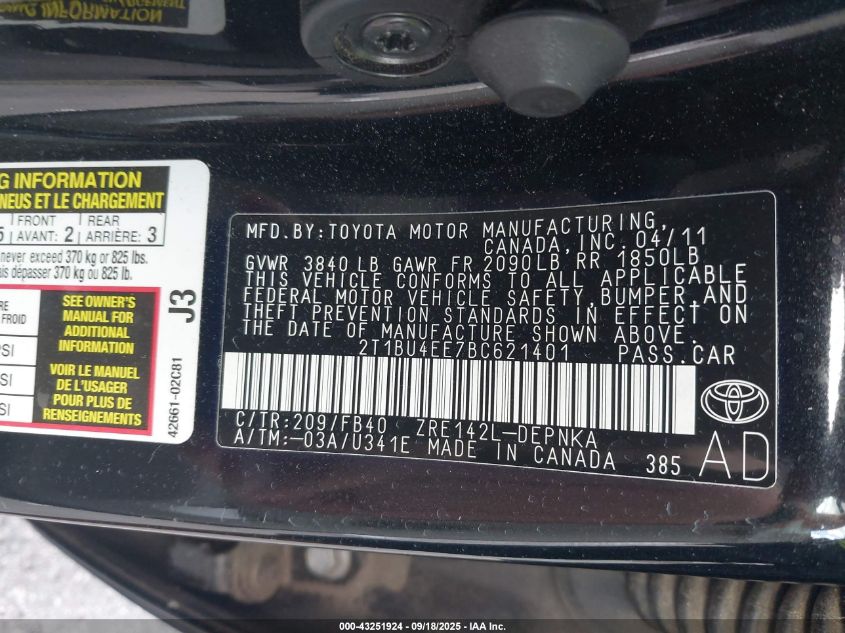 2011 Toyota Corolla Le VIN: 2T1BU4EE7BC621401 Lot: 43251924