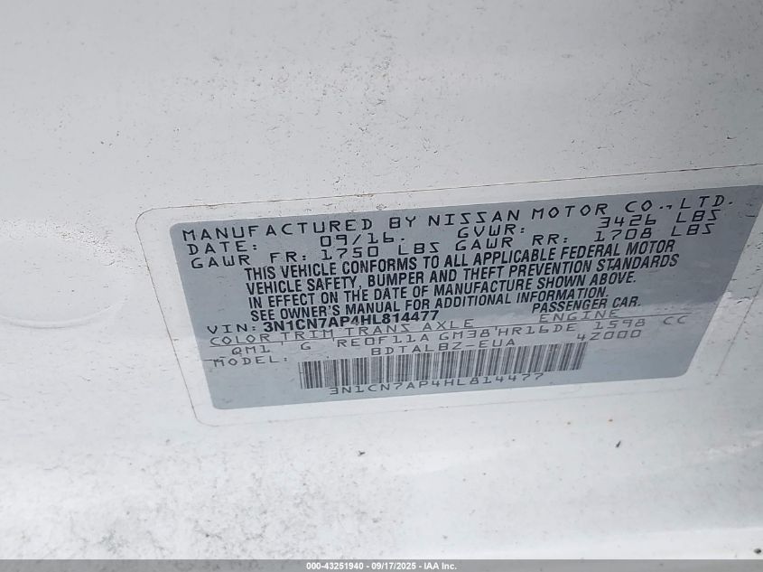 2017 Nissan Versa 1.6 S/1.6 S+/1.6 Sl/1.6 Sv VIN: 3N1CN7AP4HL814477 Lot: 43251940