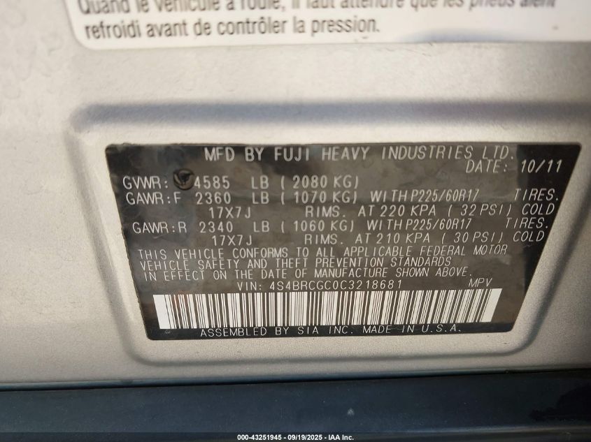 2012 Subaru Outback 2.5I Premium VIN: 4S4BRCGC0C3218681 Lot: 43251945