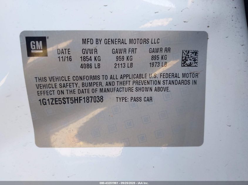 2017 Chevrolet Malibu 1Lt VIN: 1G1ZE5ST5HF187038 Lot: 43251961