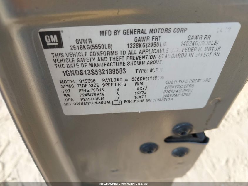 2003 Chevrolet Trailblazer Ls VIN: 1GNDS13S532138583 Lot: 43251969