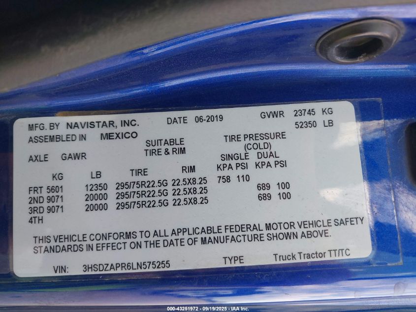 2020 International Lt VIN: 3HSDZAPR6LN575255 Lot: 43251972