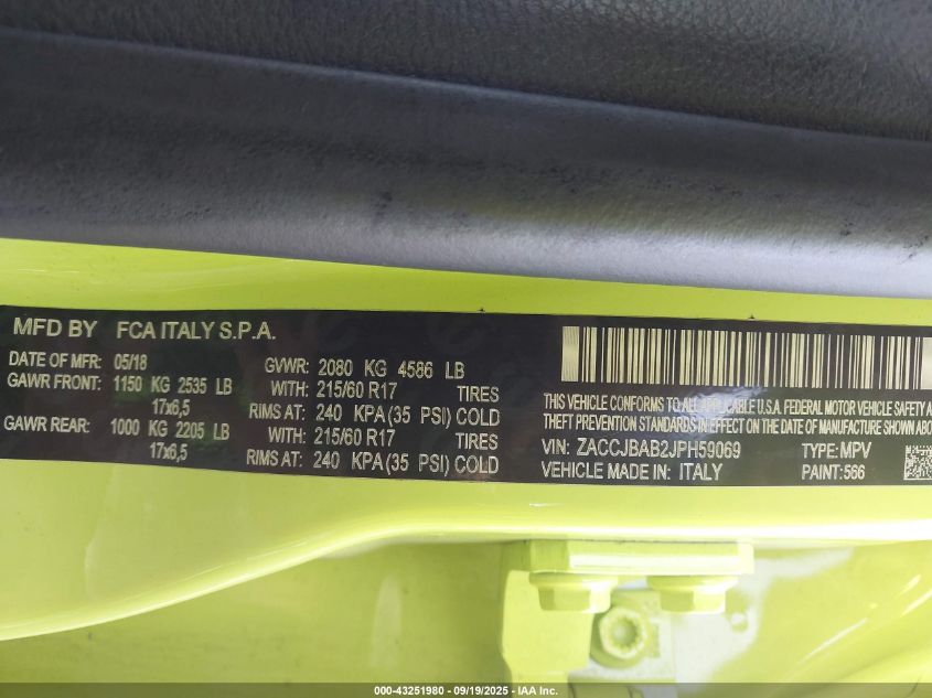 2018 Jeep Renegade Upland Edition 4X4 VIN: ZACCJBAB2JPH59069 Lot: 43251980