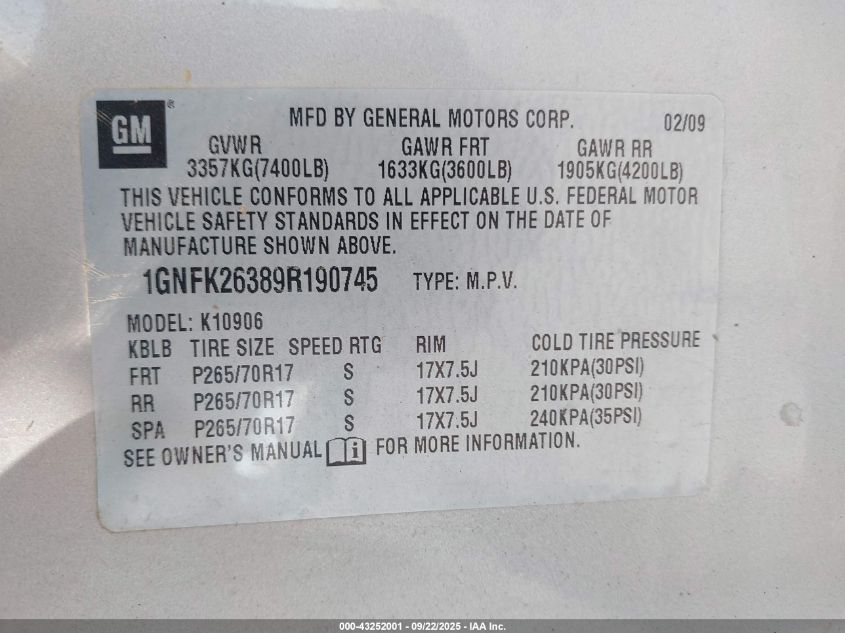 2009 Chevrolet Suburban 1500 Lt2 VIN: 1GNFK26389R190745 Lot: 43252001