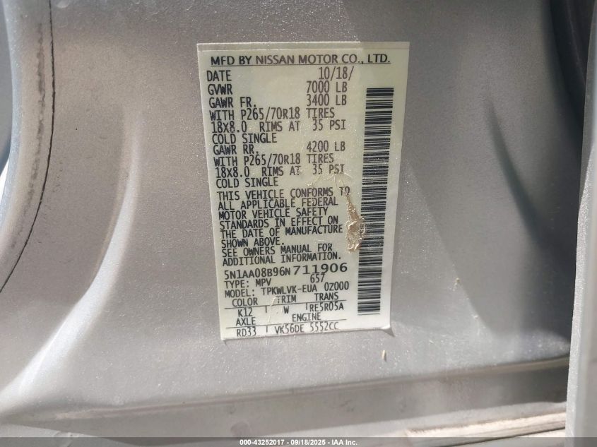 2006 Nissan Armada Le VIN: 5N1AA08B96N711906 Lot: 43252017