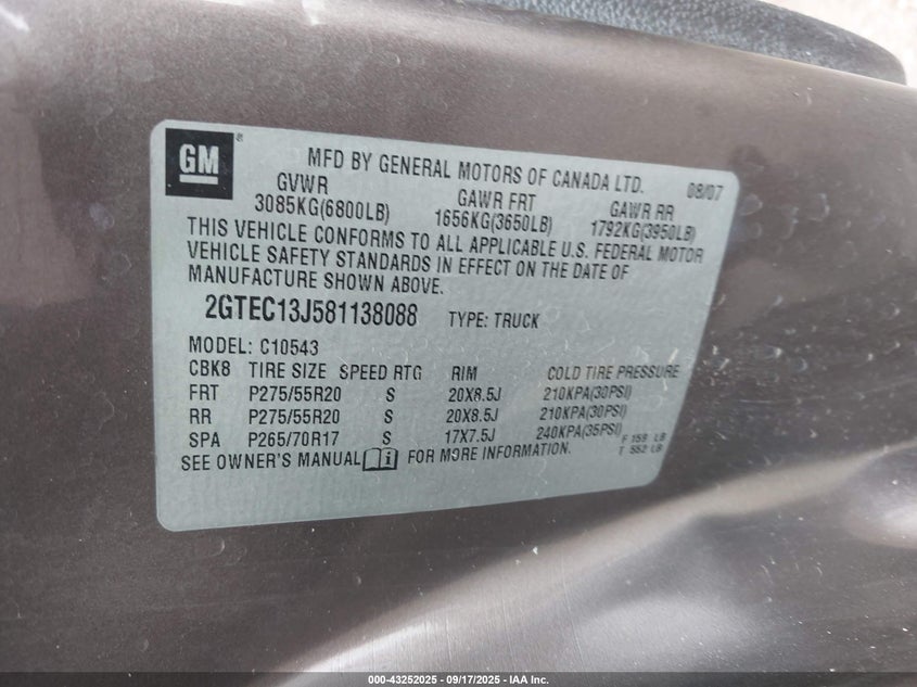 2008 GMC Sierra 1500 Sle1 VIN: 2GTEC13J581138088 Lot: 43252025