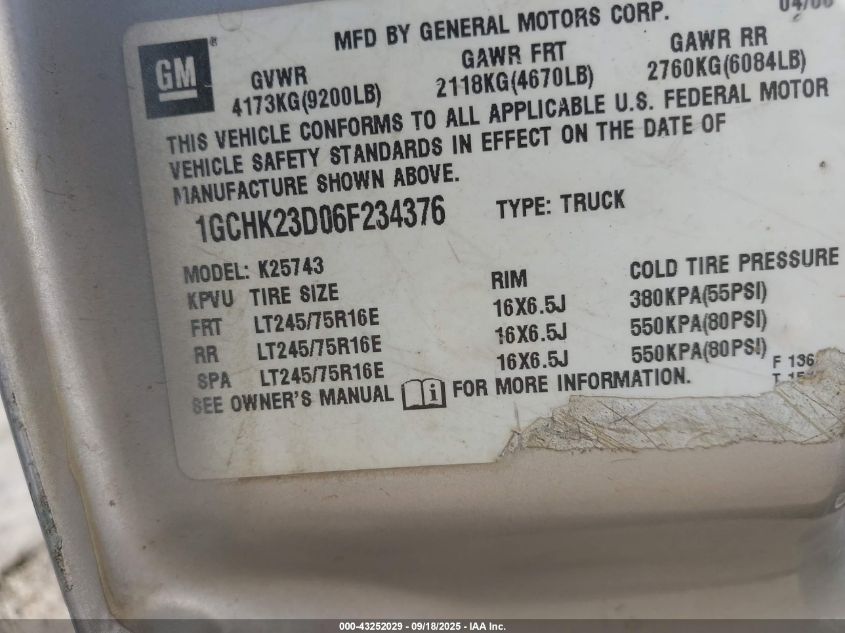 2006 Chevrolet Silverado 2500Hd Lt3 VIN: 1GCHK23D06F234376 Lot: 43252029