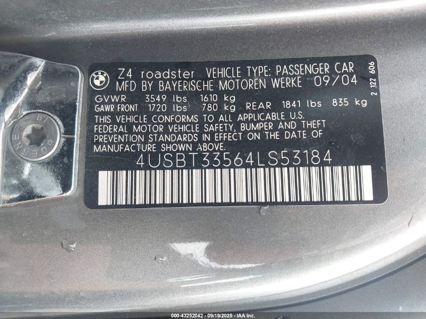 2004 BMW Z4 2.5I VIN: 4USBT33564LS53184 Lot: 43252042