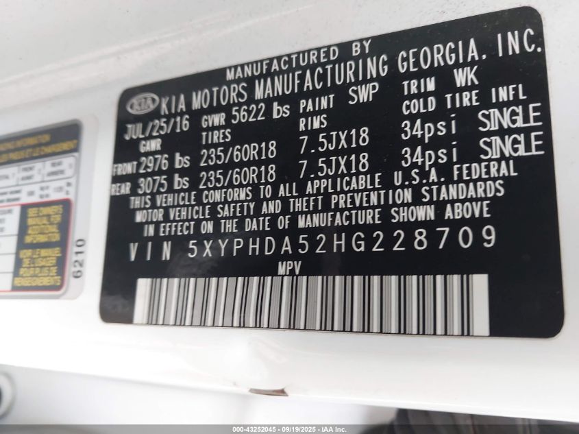 2017 KIA SORENTO 3.3L EX - 5XYPHDA52HG228709
