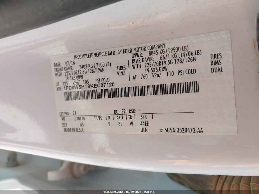 2019 Ford F-550 Chassis Xl VIN: 1FD0W5HT8KEC07120 Lot: 43252061