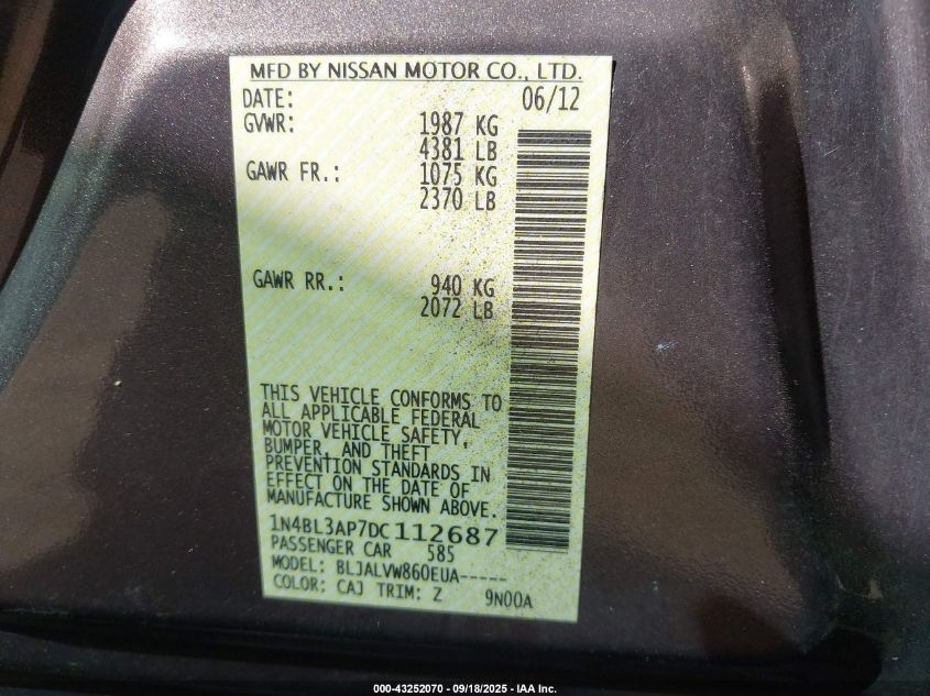 2013 Nissan Altima 3.5 Sl VIN: 1N4BL3AP7DC112687 Lot: 43252070