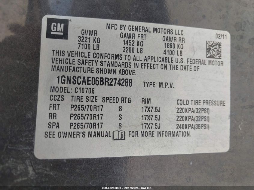 2011 Chevrolet Tahoe Ls VIN: 1GNSCAE06BR274288 Lot: 43252093