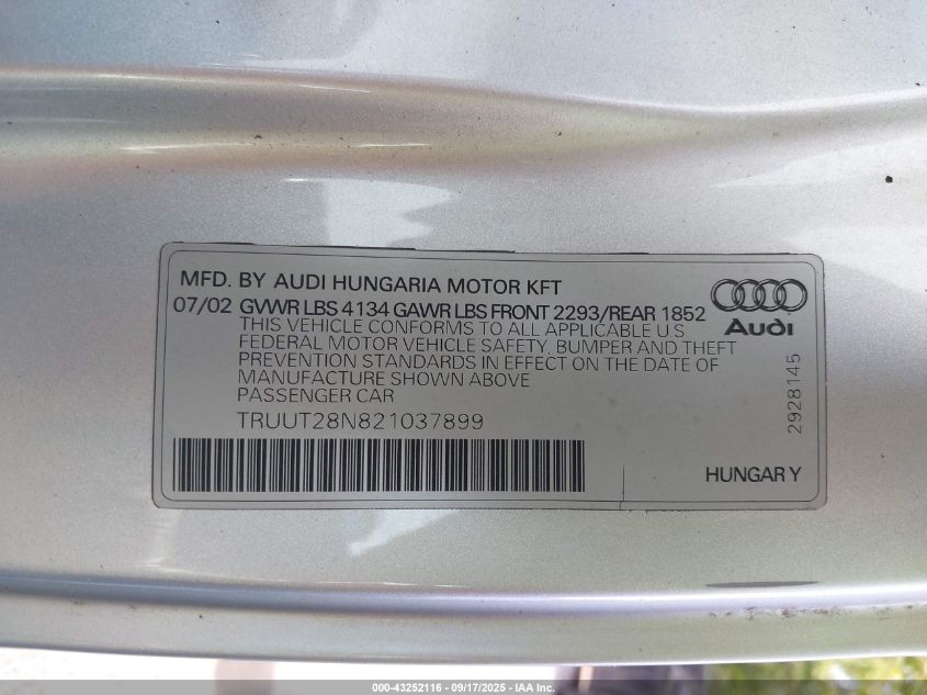 2002 Audi Tt 1.8L VIN: TRUUT28N821037899 Lot: 43252116