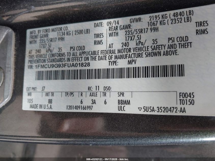 2015 Ford Escape Se VIN: 1FMCU9G93FUA01828 Lot: 43252121