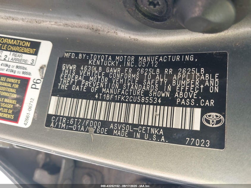 2012 Toyota Camry Le VIN: 4T1BF1FK2CU585534 Lot: 43252152