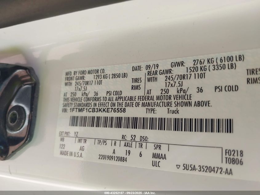 2019 Ford F-150 Xl VIN: 1FTMF1CB3KKE76558 Lot: 43252157