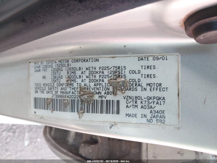 2002 Toyota 4Runner Sr5 V6 VIN: JT3GN86R420226005 Lot: 43252163