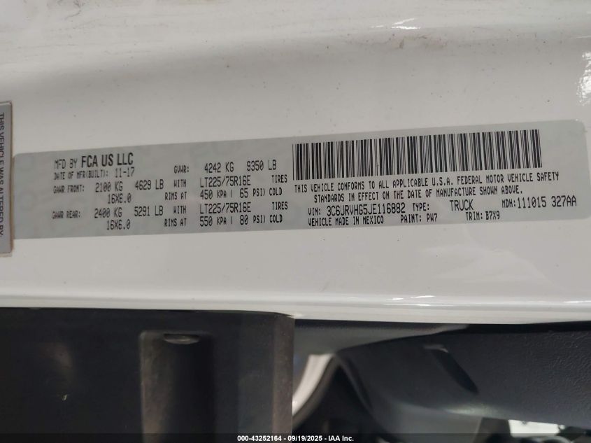 2018 Ram Promaster 3500 High Roof 159 Wb VIN: 3C6URVHG5JE116882 Lot: 43252164