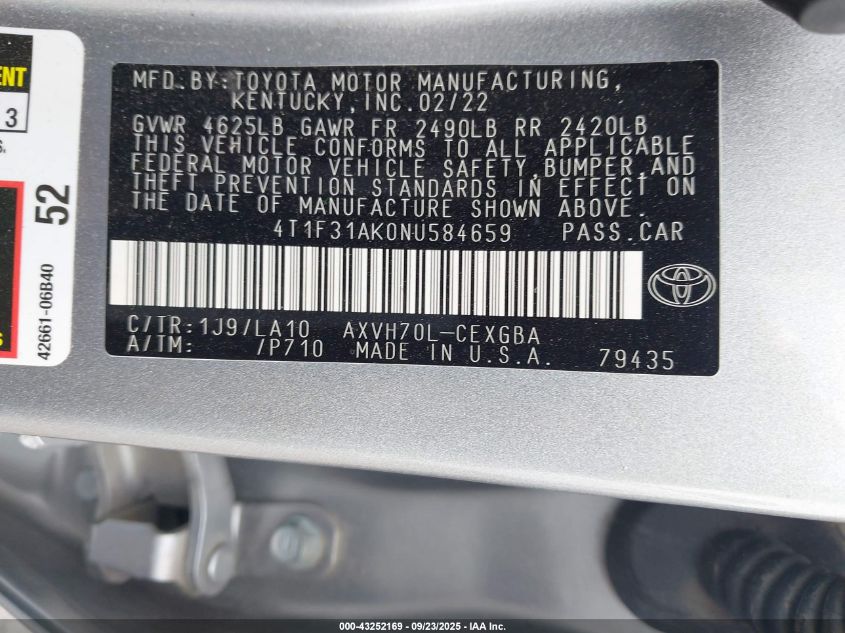2022 Toyota Camry Xle Hybrid VIN: 4T1F31AK0NU584659 Lot: 43252169