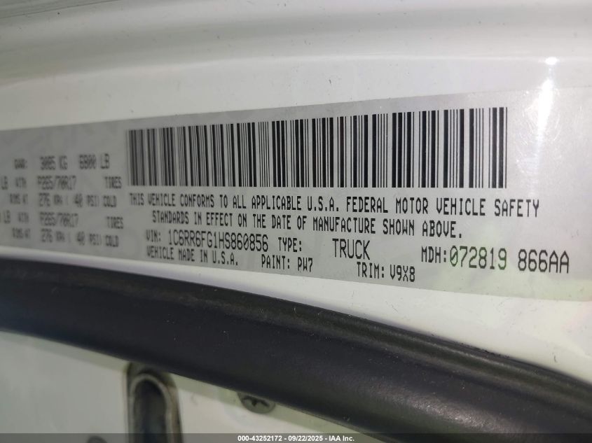 2017 Ram 1500 Tradesman 4X2 6'4 Box VIN: 1C6RR6FG1HS860856 Lot: 43252172