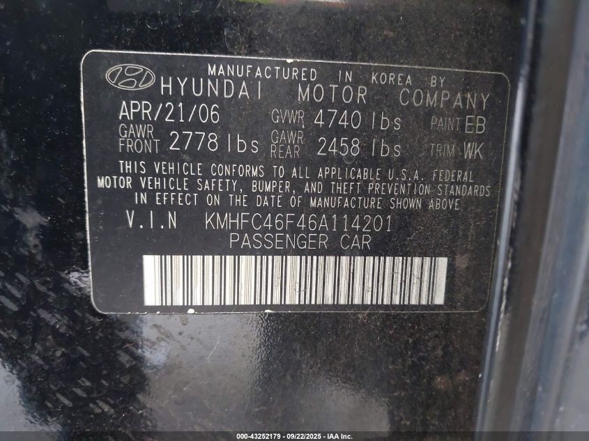 2006 Hyundai Azera Limited/Se VIN: KMHFC46F46A114201 Lot: 43252179