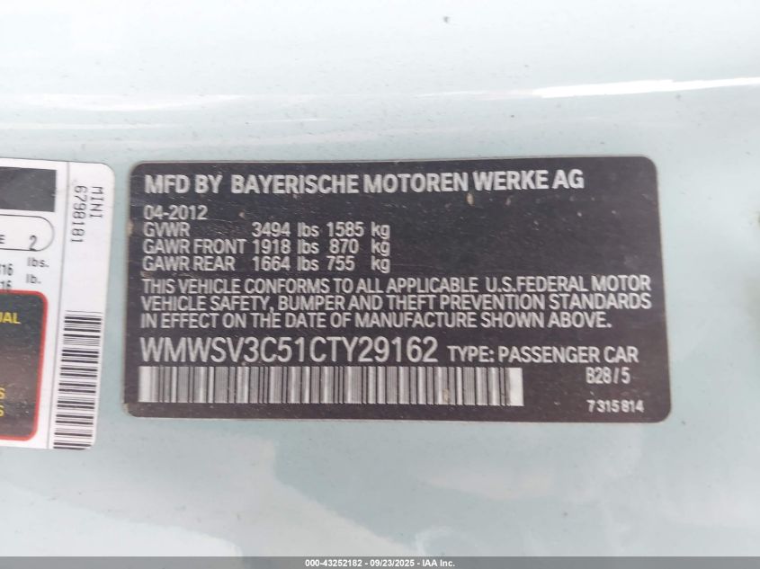 2012 Mini Cooper S VIN: WMWSV3C51CTY29162 Lot: 43252182