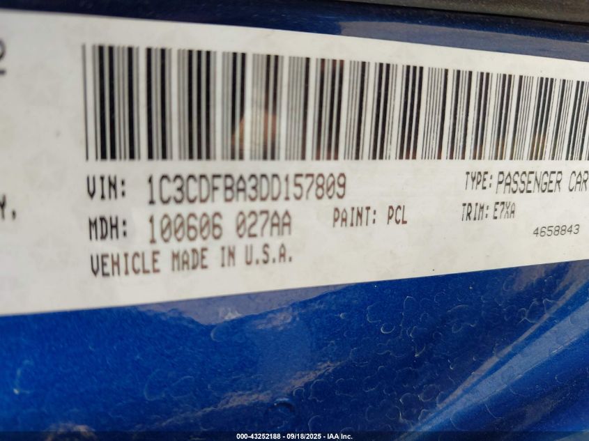 2013 Dodge Dart Sxt VIN: 1C3CDFBA3DD157809 Lot: 43252188