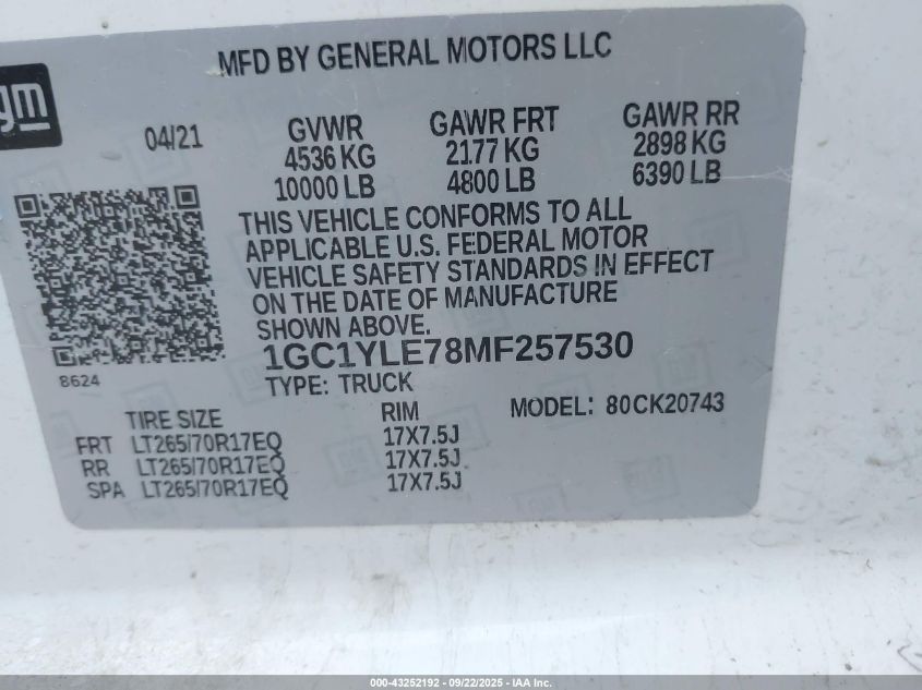 2021 Chevrolet Silverado 2500Hd 4Wd Standard Bed Wt VIN: 1GC1YLE78MF257530 Lot: 43252192