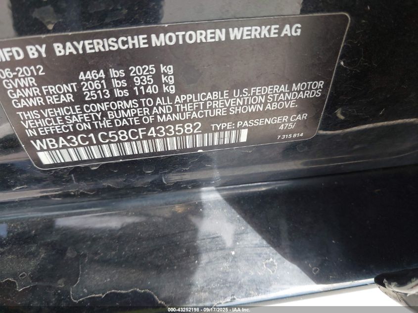 2012 BMW 328 I Sulev VIN: WBA3C1C58CF433582 Lot: 43252198