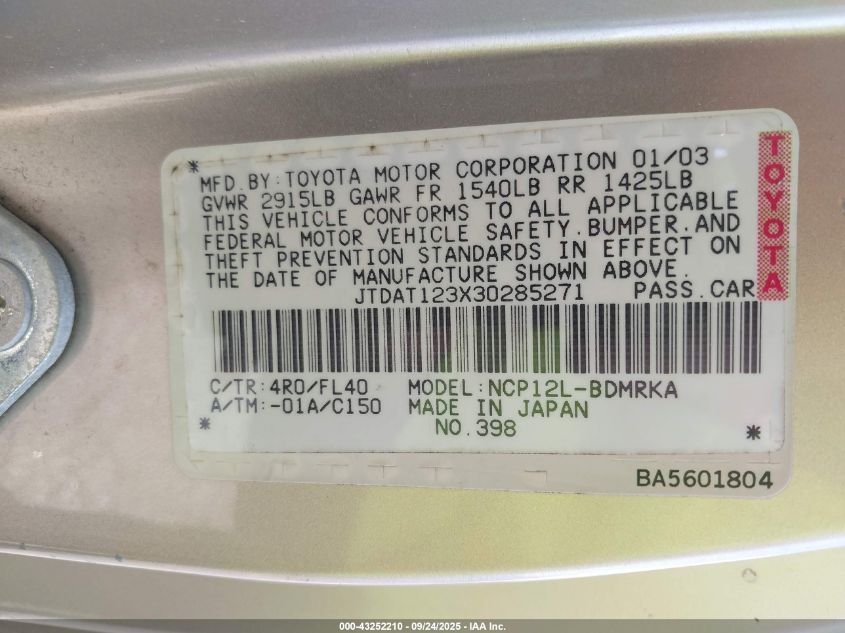 2003 Toyota Echo VIN: JTDAT123X30285271 Lot: 43252210