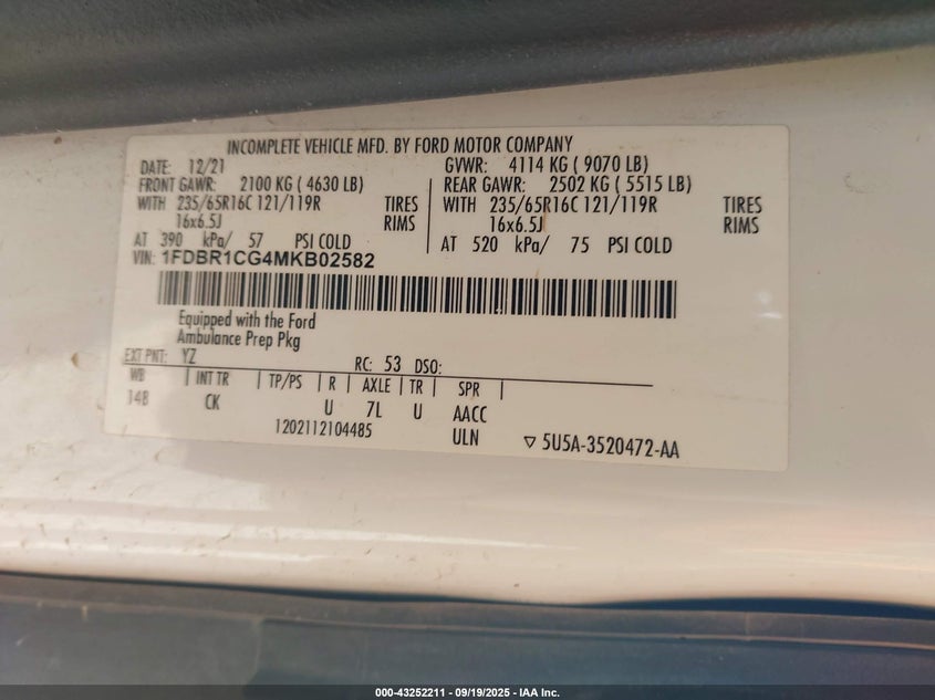 2021 Ford Transit-250 VIN: 1FDBR1CG4MKB02582 Lot: 43252211